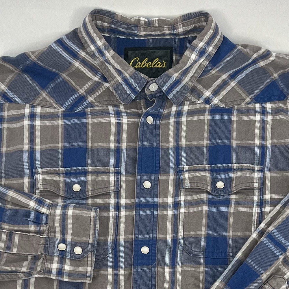 Cabela's Flannel Shirt Mens XL Regular Fit Blue Gray Plaid Pearl Snap All Cotton